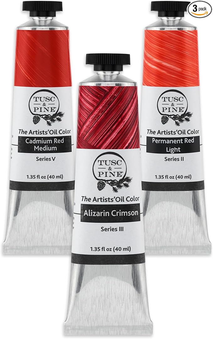 Tusc & Pine Artist Oil Paint - 40 ml Set of 3 - Assorted Red Colors - Non-Yellowing, Rich & Creamy Consistency, Maximum Pigment Load, Small Batch Milled Oil Paints Developed for Professional Artists