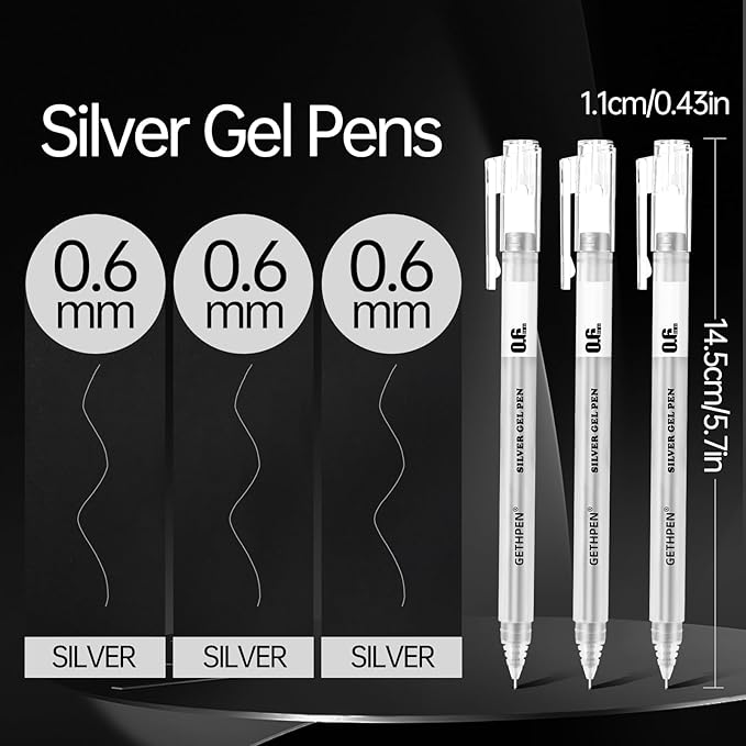 0.6mm Fine Point Silver Gel Pens, 3-Pack for Artists Drawing on Black Paper, Sketching, Adult Coloring Books & Modern Crafts