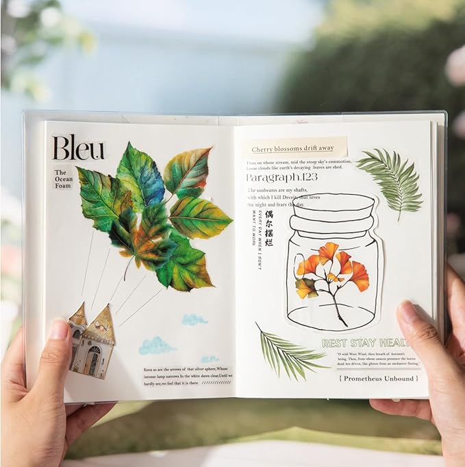 90 Pieces Botanical Leaf-Themed PET Sticker, Waterproof Transparent Leaf Stickers for Scrapbooking, Journaling, Creative Journal Supplies, and DIY Crafts