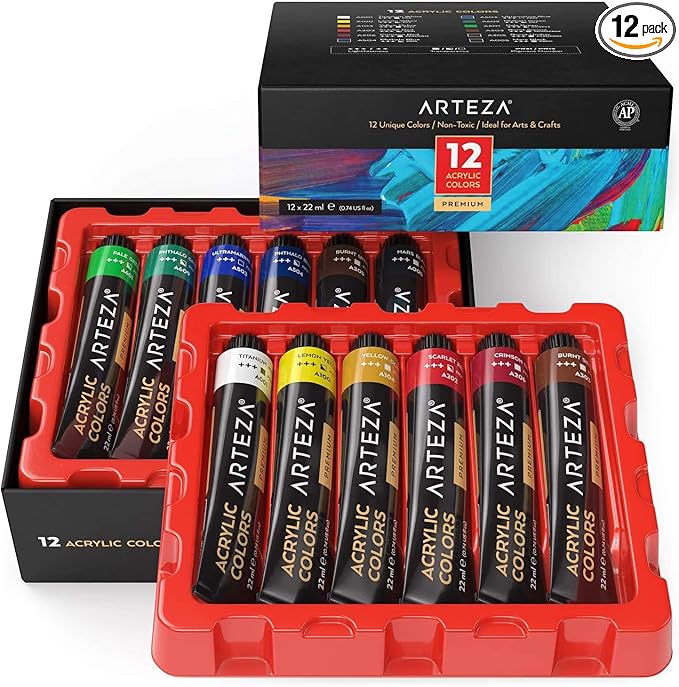 ARTEZA Acrylic Paint Set of 12 Colors, 0.74 Ounces Tubes, Non-Toxic Acrylic Artist Paints. Art Supplies for Painting