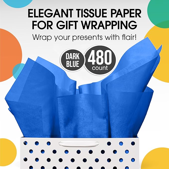 Party Solids Dark Blue Tissue Paper for Gift Bags - 20" X 30" Bulk Tissue Paper Dark Blue 480 Sheets - 10lb Newsprint for Packing, Birthday Gift Box Filler, Packing Supplies for Moving Supplies