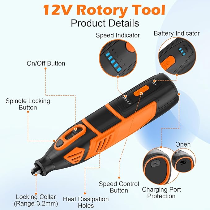 HARDELL 12V Cordless Rotary Tool Kit, 5-Speed (8000-35000 RPM), 2AH Battery Power Rotary Tools 80pc Accessories for Sanding, Polishing, Carving, Cutting, Drilling, DIY Crafting (Black&Orange)