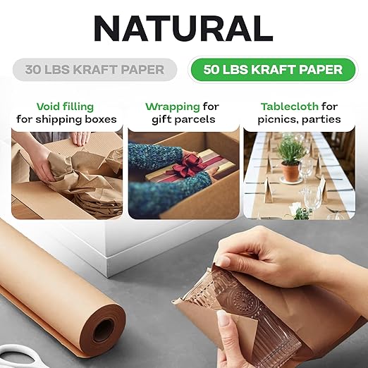IDL Packaging 48" x 8640" (720 feet) - Brown Kraft Paper Roll - 50lb Thickness - USA-Made Heavy Duty Paper for Packing, Moving, Shipping, Crafts - 100% Recyclable Natural Kraft Wrapping Paper