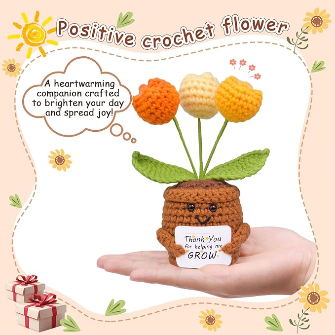 Positive Crochet Tulip Flower, Handmade Emotional Support Knitted Tulip Flowers Inspirational Gift for Women - Thank You, Appreciation, Positive Gift for Teacher, Mom, Friend, Coworker