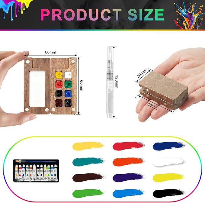 Mini Watercolor Travel Set, 12/24 Color Pocket Painting Kit with Wooden Palette, Watercolor Sketchbook & Pen, All-in-One Portable Art Supplies for Artists & Travel Journaling