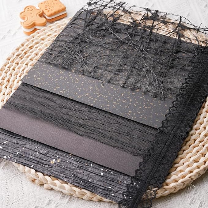 15Pcs Handmade Scrapbook Art Paper Craft Textured Paper Colorful A5 sheet Mesh Special Paper Mix for Scrapbooking Junk Journal Journaling Supplies DIY Materials,5.8x8.2 inches (Black)