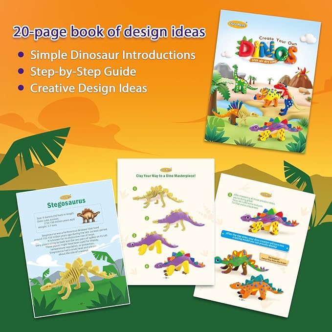 Dinosaur Air Dry Clay Kit – Create 5 Dinosaur Models with 12 Colors of Modeling Clay, Instruction Guide – Fun & Educational Craft Set for Kids