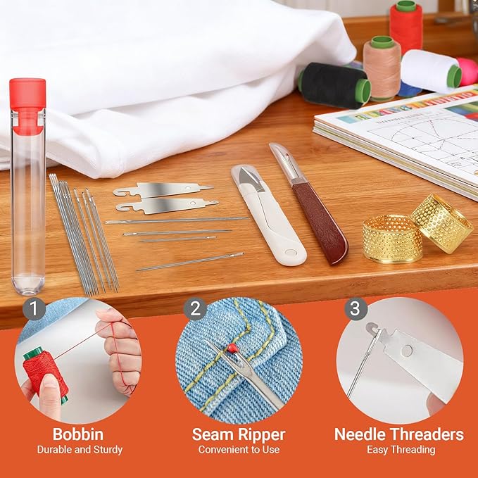 37Pcs Sewing Tool Set, Big Eye Steel Needles Kit with Stainless Steel Hand Sewing & Quilting Needles, Professional DIY Needle and Thread Kit for Beginners and Sewing Lovers