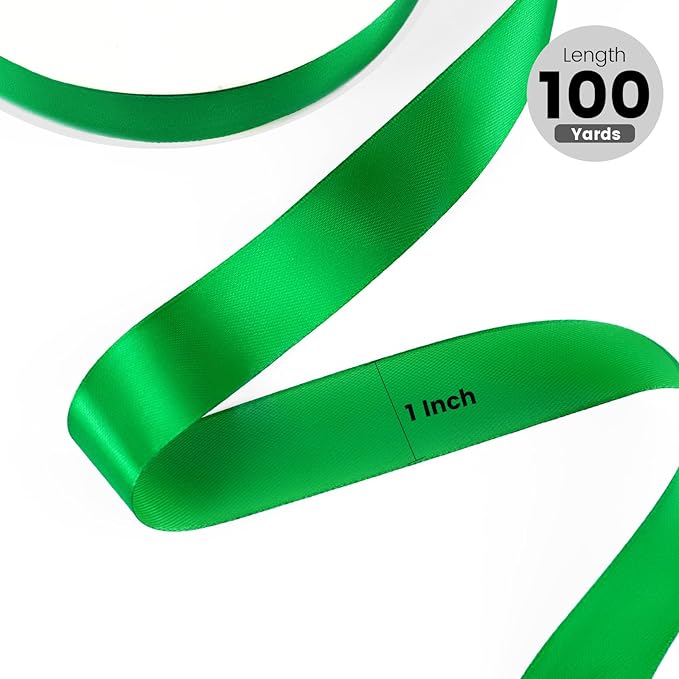 1" x 100 Yards Satin Ribbon - Green Silk Ribbon with Spool - Ideal for Gift Wrapping, Floral Bouquets, Crafts, Wedding Party Decorations, Christmas and Sewing Projects
