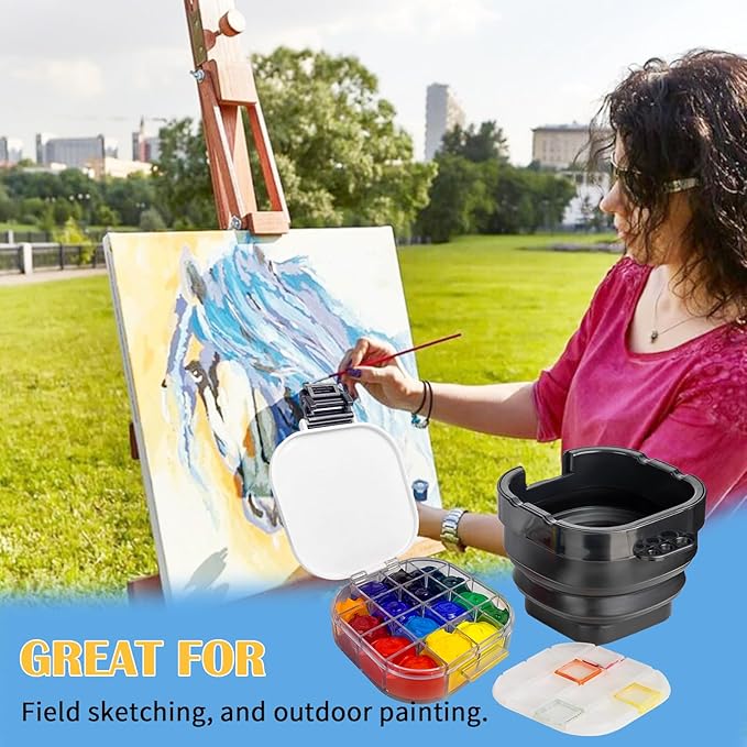 Falling in Art Paint Palette, Airtight 16 Wells Storage Palette Box with Lid and Folding Paint Brush Basin for Watercolor, Gouache and Acrylic Painting (Black)
