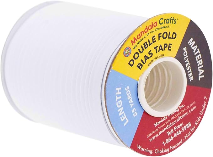 Mandala Crafts 55 Yards 1/2 Inch White Double Fold Bias Tape for Sewing - Bias Binding Tape for Quilting Binding, Hemming, Seam, and Fabric Piping