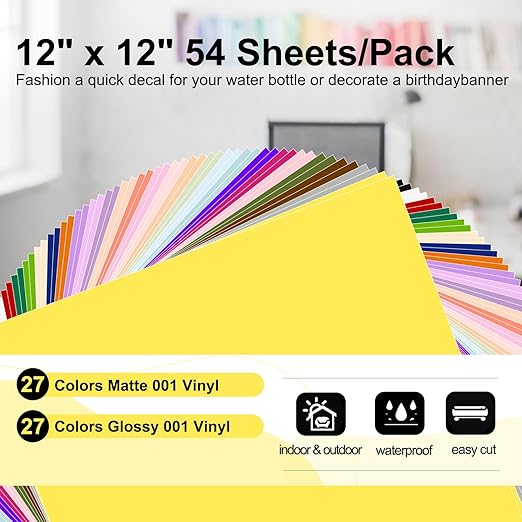 TECKWRAP 001 Permanent Adhesive Vinyl Bundle - 54Pack Vinyl Sheets (12”x12 Glossy, Matte) for Cutting Machines and Craft Cutter, DIY Craft, Car Decals, Party Decoration, Sticker