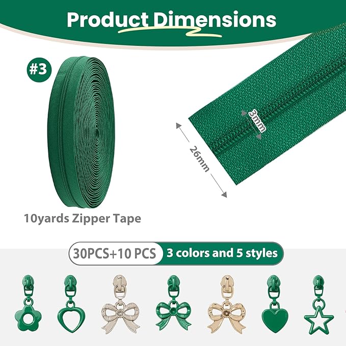 Mylbeter #3 Nylon Coil Zippers by The Yards Green Bulk Zippers 10 Yards with 40PCS Sliders Continuous Zipper Tape for DIY Bag Clothing Sewing Crafts Gold Pull Sliver Slider Zipper for Bags and Purses