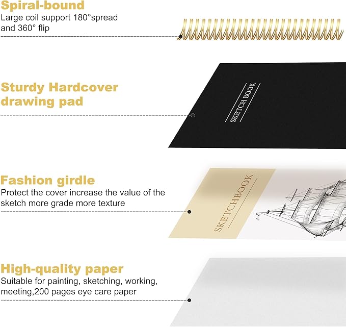 Yoment 5.5" x 8.5" Sketch Book Small Sketchbook for Drawing 100 Sheets Hardcover Spiral Sketch Pad for Kids(68lb/100gsm) Art Sketchbook Drawing Blank Paper Book for Beginners Artists with Pencil Black