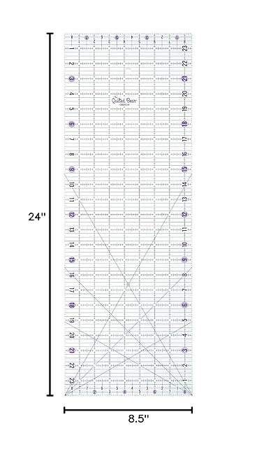 The Quilted Bear Quilting Rulers - Transparent Acrylic Non Slip Quilting, Patchwork & Sewing Ruler with Clear Black Lines & 30, 45 & 60 Degree Angles for Perfect Accuracy & Precision (8.5" x 24")