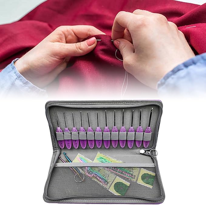12pcs Ergonomic Resin Handle Stainless Steel Crochet Hooks 0.9mm-4.0mm Storage Bag for Crochet Needles for Big Eye Needles and Yarns