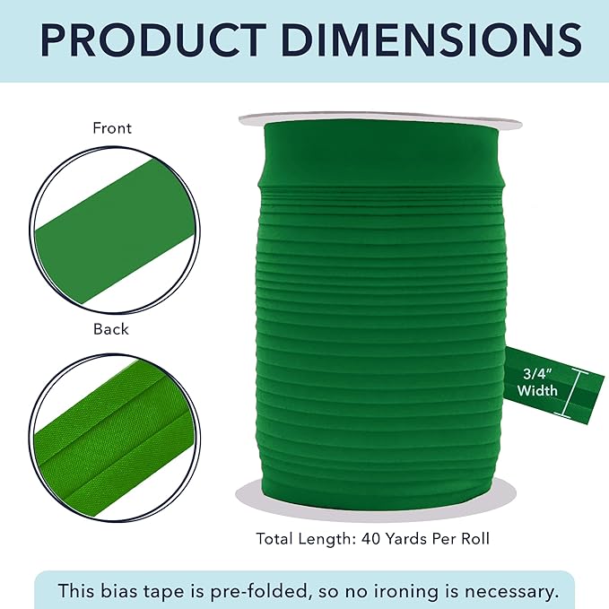 Mandala Crafts 3/4 Inch Single Fold Bias Tape for Sewing, Quilting, Piping, Hemming, Blanket & Quilt Binding – 40 Yards Green Fabric Seam Binding Tape