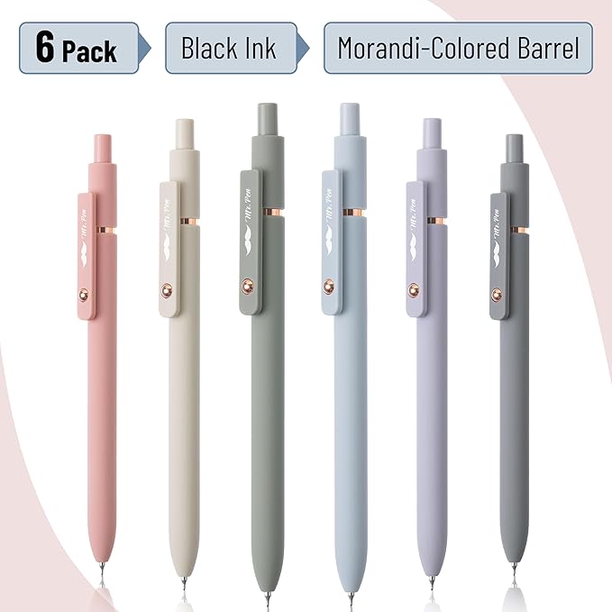 Mr. Pen- Retractable Gel Pens with Rose Gold Ring and Ball, 6 Pack, Morandi Barrels, Japanese Black Gel Pens, Fast Dry, Fine Point 0.5mm
