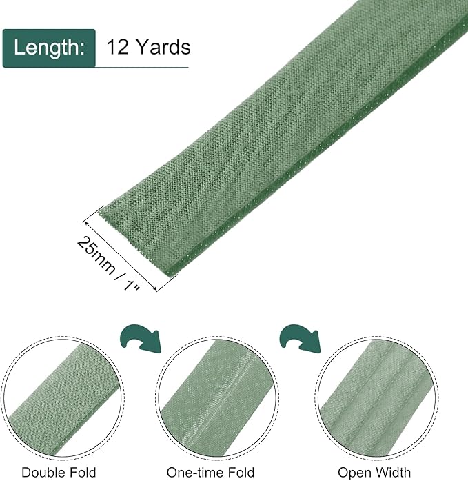 MECCANIXITY 1 Inch Double Fold Bias Tape Continuous Bulk Cotton Bias Tape for Sewing Seaming Quilting Hemming Binding Crafts (Army Green 12 Yards)