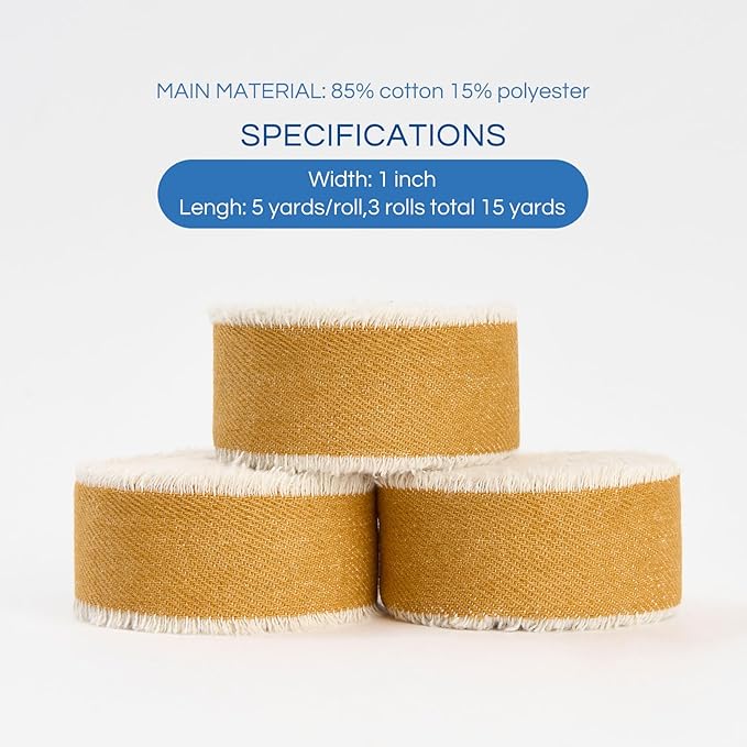 Pretty Jolly Gold Denim Ribbon for Crafts Handmade Rustic Frayed Cotton Jean Fabric Ribbon for Flower Bouquet 15 Yards 1 Inch Cloth Ribbons for Gift Wrapping Hair Sewing Accessories Holiday Decor