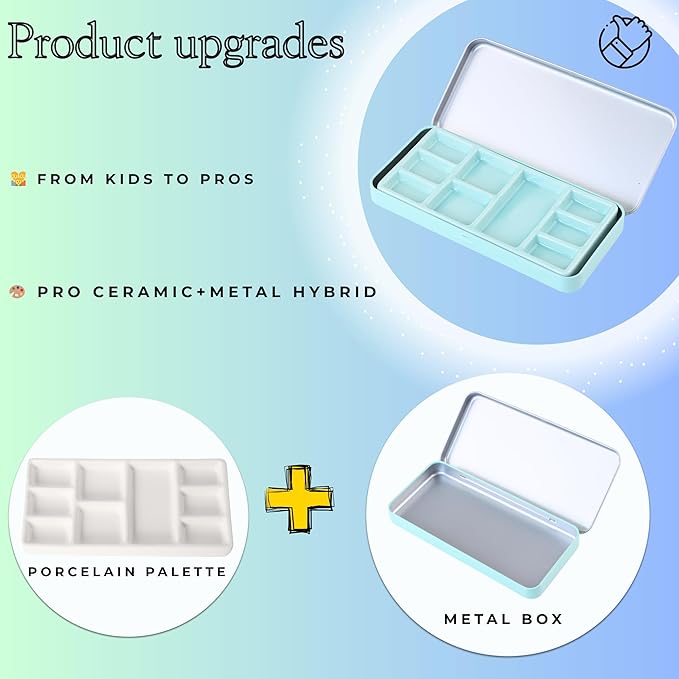 Travel Watercolor Palette, Portable Ceramic Palette 9 Well, Watercolor Palette with Lid, Empty Wet Palette Metal Paint Box with Porcelain Palettes(Green Box)