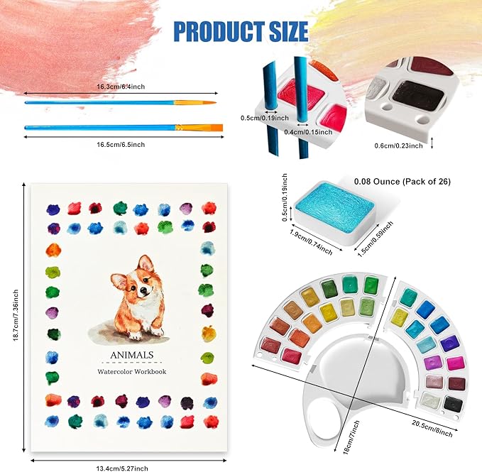Watercolor Workbook, Water Coloring Book with 13 Pages 300GSM Paper, 26 Colors Watercolor Paint Set with Brush & Storage Bag, Beginner-Friendly Coloring Book for Adults - Animal Theme Art Kit