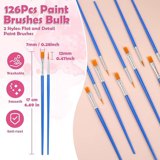 126 Pcs Small Paint Brushes Bulk, Flat and Round Pointed Paint Brushes Set for Kids Craft Brushes for Classroom Acrylic Oil Watercolor Canvas Face Painting