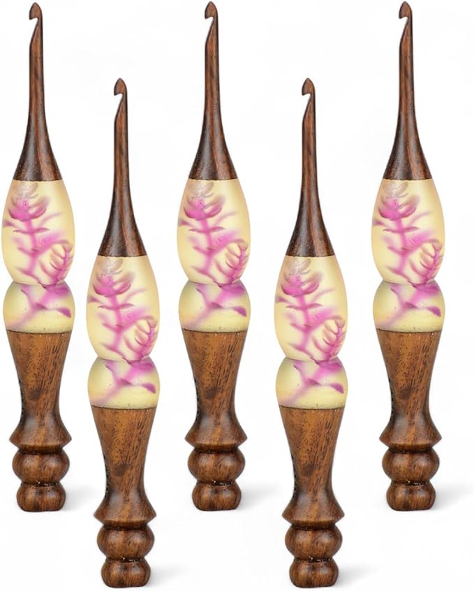 Resin Floral Crochet Hook Set – Ergonomic Wooden Handle with Handcrafted Flower Design, Comfortable Grip Crochet Needles for Knitting & DIY Craft Projects (Brown, 6 mm)