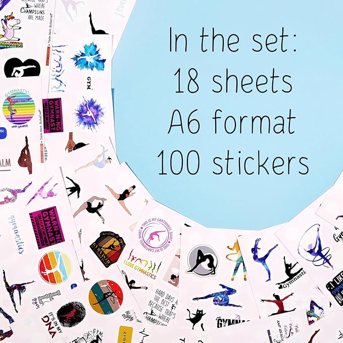 BulbaCraft 100Pcs Gymnastics Stickers, Water Bottles - Gymnastics Party Supplies, Gifts for Women & Men