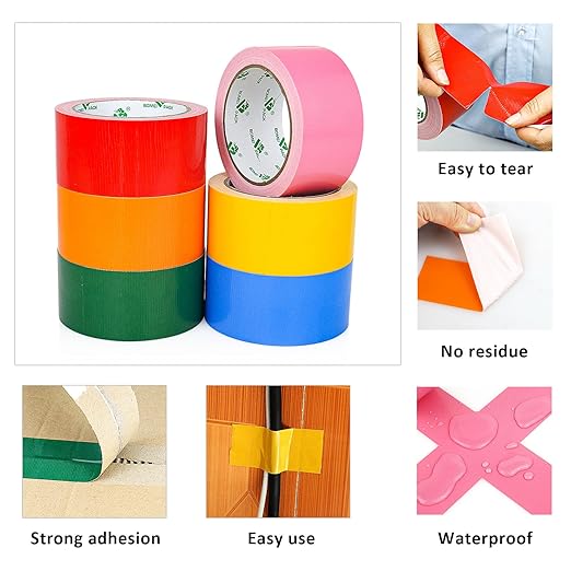 BOMEI PACK Colored Duct Tapes, 6 Rainbow Colors 2 Inch x 15 Yards x 9 Mil, Heavy Duty Waterproof Tape in Red, Pink, Yellow, Orange, Green, Blue