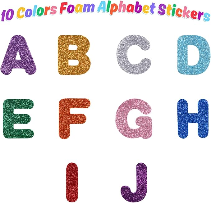 STEFORD 280 PCS Glitter Foam Letter Stickers, 10 Colors A-Z Alphabet Letters Stickers Self Adhesive Letters and Shapes Stickers for Kids DIY Crafts Party Decorations Scrapbooks