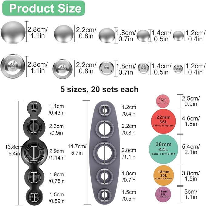 TSV Cover Button Kit with Tools, 100Pcs 5 Sizes Covered Buttons Fabric Template & 8Pcs Quilting Fabric Square Set for DIY, Clothes, Sweaters, and Crafts