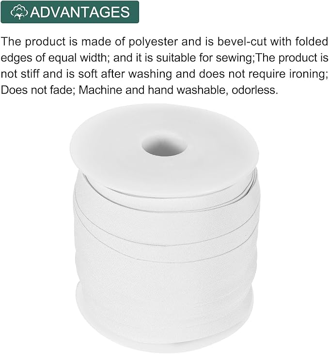 MECCANIXITY 3/4 Inch Single Fold Bias Tape Cotton Continuous Bulk Bias Tape for Sewing, Seaming Quilting Hemming Binding Crafts (White 25 Yards)