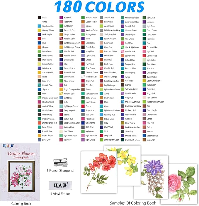 H & B 180-Color Colored Pencils Set with Coloring Book, Eraser, and Sharpener - Perfect for Drawing and Coloring - Soft Oil-Based Cores Ideal for Adults, Artists, and Beginners