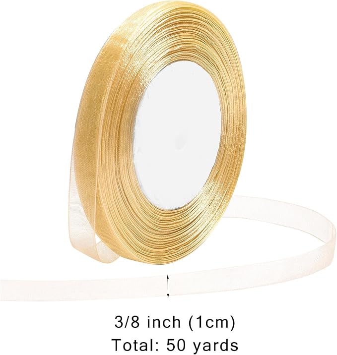 Gold Ribbon for Gift Wrapping 3/8 inch Sheer Organza Ribbon for Flower Bouquet Tulle Chiffon Ribbons for Wedding Invitations Christmas Halloween Decorations Crafts 50 Yards