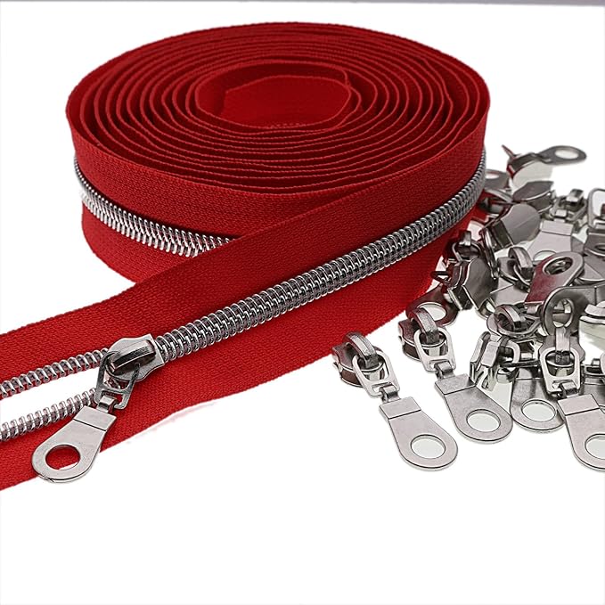 #5 Silver Metallic Nylon Coil Zippers by Yard Bulk Coil Zipper Roll 10 Yards with 25pcs Silver Pull for DIY Sewing Craft Bag(Red) YIGUANXIN