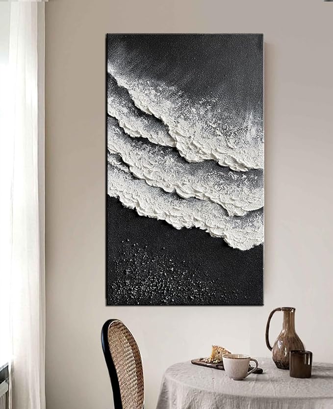 YaSheng Art - Oil Painting on Canvas Texture Black and White Ocean scenery sandbeach 3D Oil Painting Hand-Painted Abstract Artwork Paintings Modern Home Decor Living room sofa bedroom dining room hanging pictures Canvas Wall Art 24x48inch