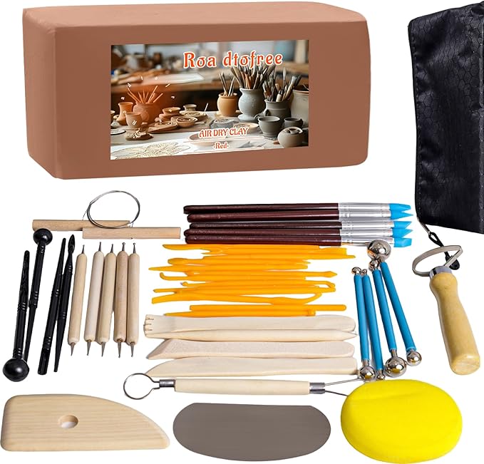 Air Dry Clay 10 LBs (Red) + 42 Pcs Pottery Tools Set - Non-Toxic Organic Clay for Hand Modeling, Sculpting & Throwing, Easy to Use for Art Classes, Ceramics Workshops (Red)