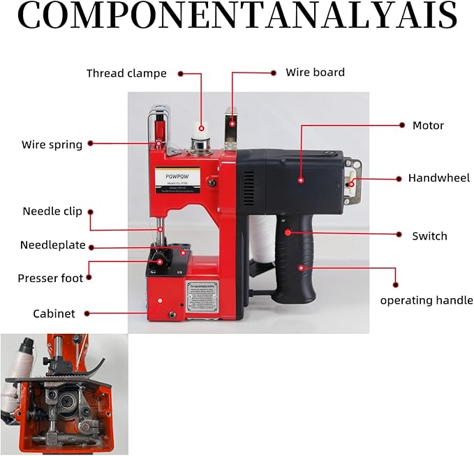Bag Sewing Machine, 2s/bag Portable Bag Sewing Machine, Industrial Bag Closing Machine for Packing Woven Bags Non-woven Fabrics Leather (Red, Corded - 110V)