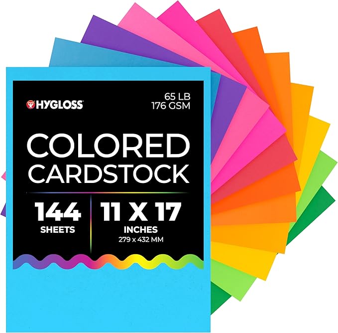 Hygloss Bright Colored Cardstock - 11x17-Inch, 12 Assorted Colors, 144 Sheets, 65 lb/ 176 gsm, Fade-Resistant, Acid-Free Color Card Stock Paper