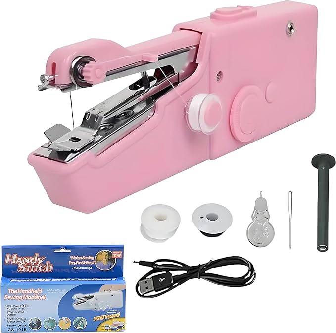 Handheld Sewing Machine, Mini Portable Sewing Machine Kit for Beginners, Travel Emergency Clothes Repair & Quick Fixes with Accessories, for Lightweight Fabrics (Pink, A)