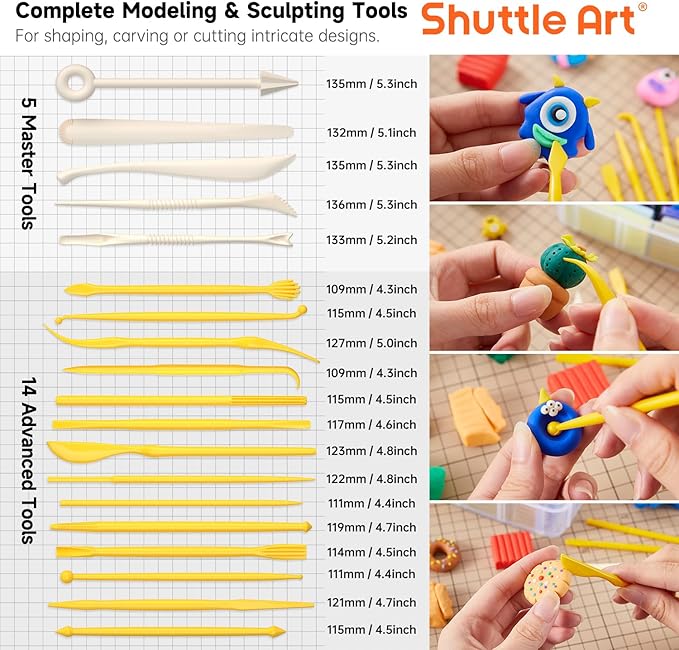 Shuttle Art Polymer Clay Kit, 57 Colors Oven Bake Clay for Kids with 19 Carving Tools and 10 Accessories, Non-Sticky, Non-Toxic, Ideal Gift for Kids