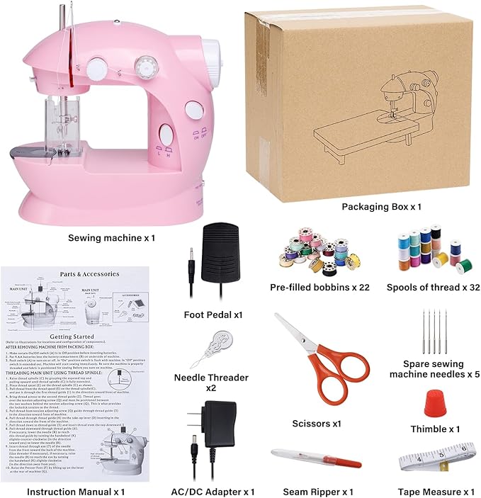 Sewing Machine for Beginners with Expansion Table and Foot Pedal and 42Pcs Sewing kit Finger Guard & Light Mini Small Portable Sewing Machines 2-Thread 2-Speed 2-Switches for Kids Ages 8-12 Peach Pink