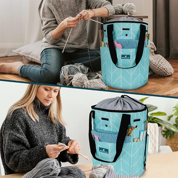 PAVILIA Crochet Bag Knitting Bag Organizer, Yarn Bag Storage Tote for Crocheting On The Go, Knitting Accessories Supplies Holder with Grommets, Gift for Crochet Lovers Knitters (Chevron Teal)