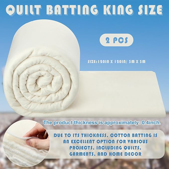 Peryiter 2 Pcs Quilt Batting King Size 120 x 120 Inch Cotton Poly Filling Fabric Warm Medium Weight Batting Roll for Upholstery Stuffing Blankets and Quilting, Sewing, Craft Supplies