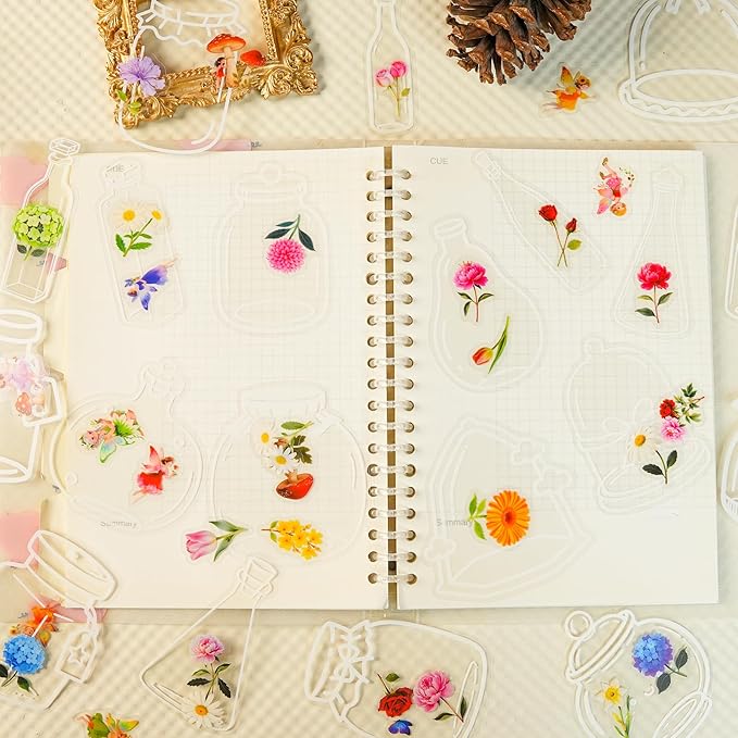 50Pcs Flowers in a Clear Bottle Stickers for Kindle, Laptop, Refrigerators, Scrapbooking, Journal, Photo Album, Suitcase, Waterproof PET Transparent Aesthetic Decals