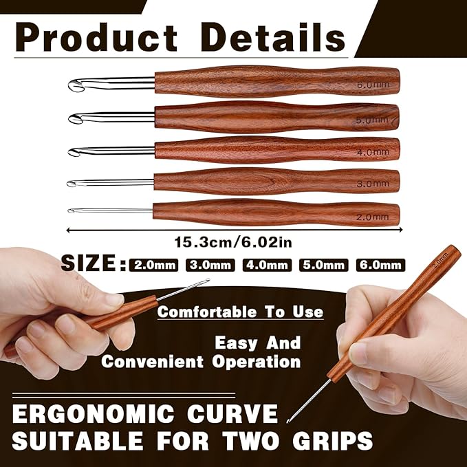 Nitlak 5 Pcs Crochet Hook, 5 Size Aluminum Ergonomic Crochet Hook with Wooden Handle for Arthritic Hands, Beginners, Crochet Needles for Knitting (2mm/3cm/4cm/5cm/6cm)