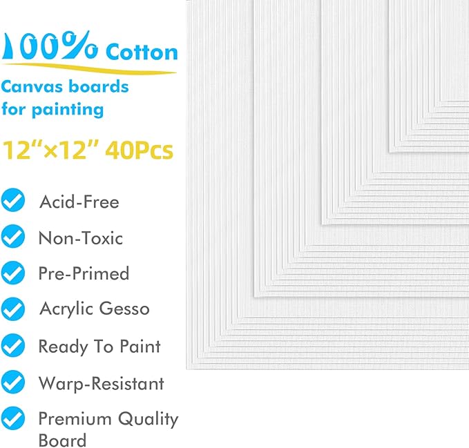 Gotideal Canvas Boards for Painting, 40pcs 12x12 Primed Canvas for Painting, Bulk Painting Canvas for Kids and Adults, White Blank Canvas Panels for Acrylic, Oil, Pour Art Supplies