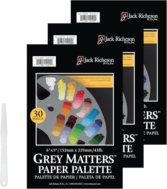Jack Richeson Grey Matters Disposable Paper Palette 6” x 9”, 3 Pack, Includes Palette Knife