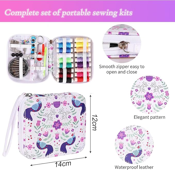 VINTAGE EMBROIDERY V.E. Travel Sewing Kit with Bag - Portable Sewing Supplies for Traveler, Adults, Beginner, Emergency,Contains Thread, Scissors, Needles, Tape Measure and Other Accessories (White)